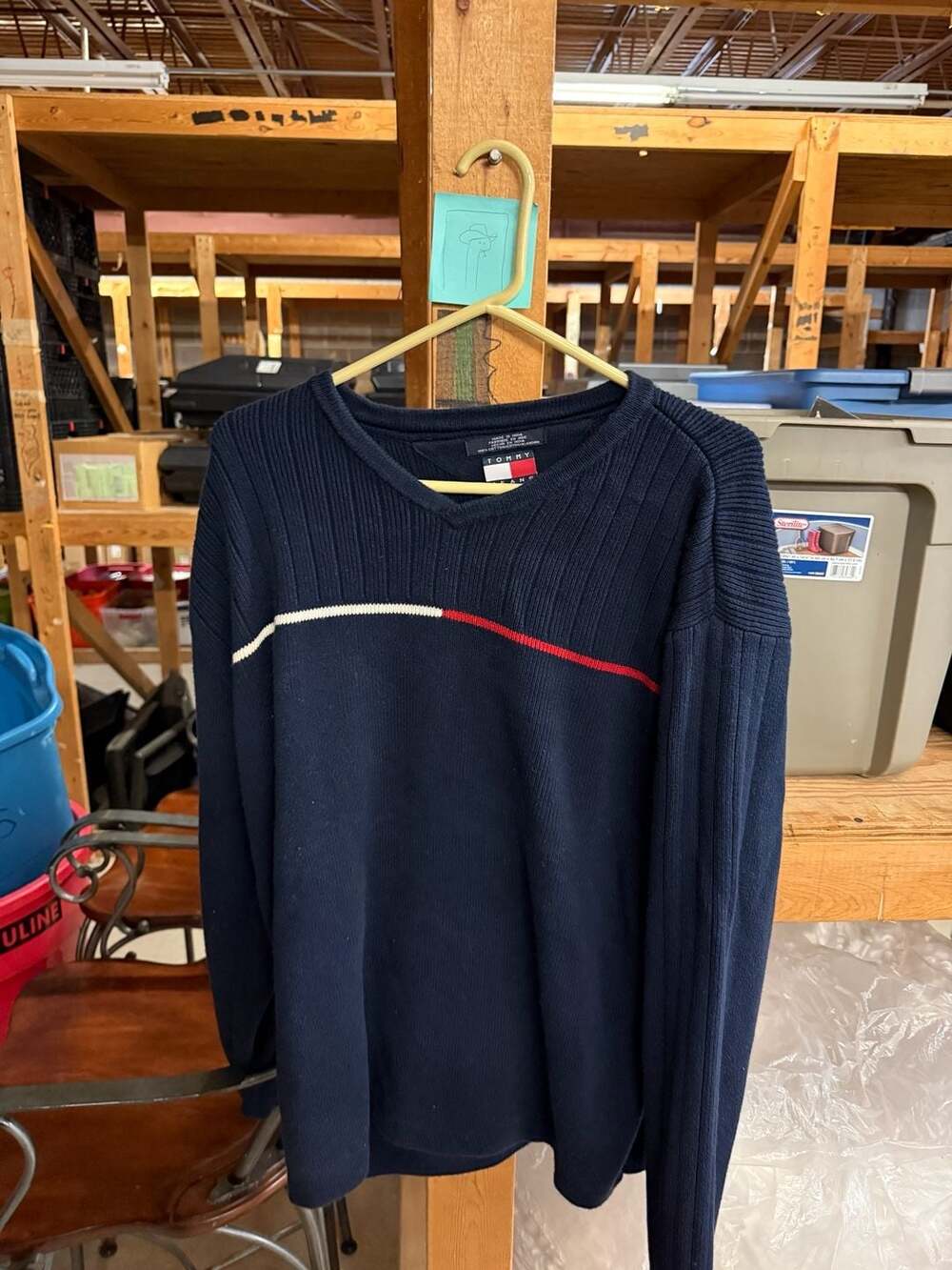 Tommy Jeans V-Neck Sweater Size XL Blue Cotton Stripe Knit Pullover